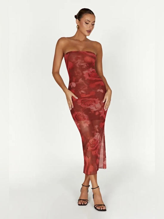 Meshki Dresses & Skirts - MESHKI APHRODITE STRAPLESS MESH MIDI DRESS IN ROSE PRINT ✨